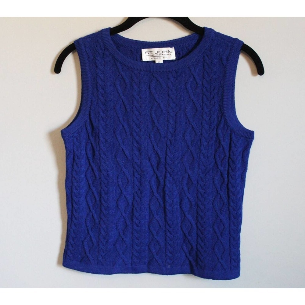 St. John Wool Blend Sleeveless Cable Knit Sweater Blue Women's P Petite H12105 - Picture 4 of 14